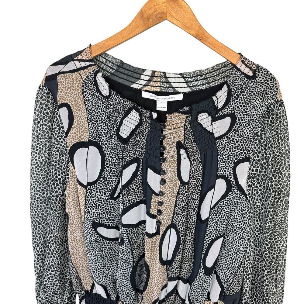 Diane Von Furstenberg DVF NWT Kelley Brown Black Printed 100% Silk Blouson Dress - Picture 11 of 15